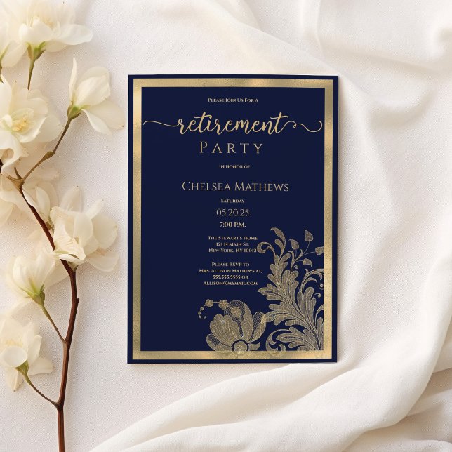 Invitation Parties scintillant d'or bleu marine floral Retrai (Navy blue gold glitter floral Retirement Party)