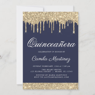 Invitation Parties scintillant d'or bleu marine Quinceañera