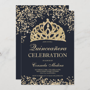 Invitation parties scintillant d'or bleu marine tiara Quincea