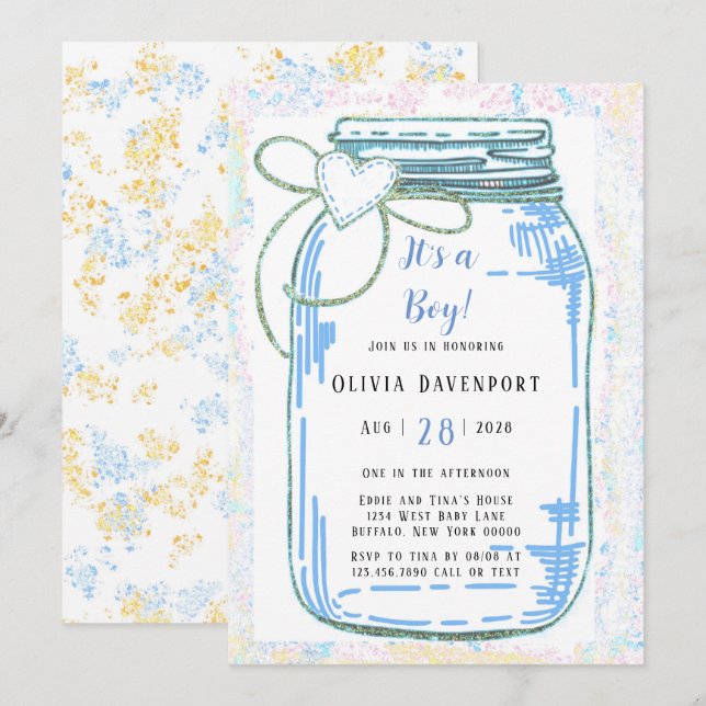Invitation Parties scintillant d'or bleu Mason Jar Baby showe (Devant / Derrière)
