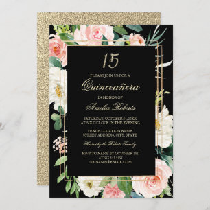 Invitation Parties scintillant d'or Blush Black Floral Quince