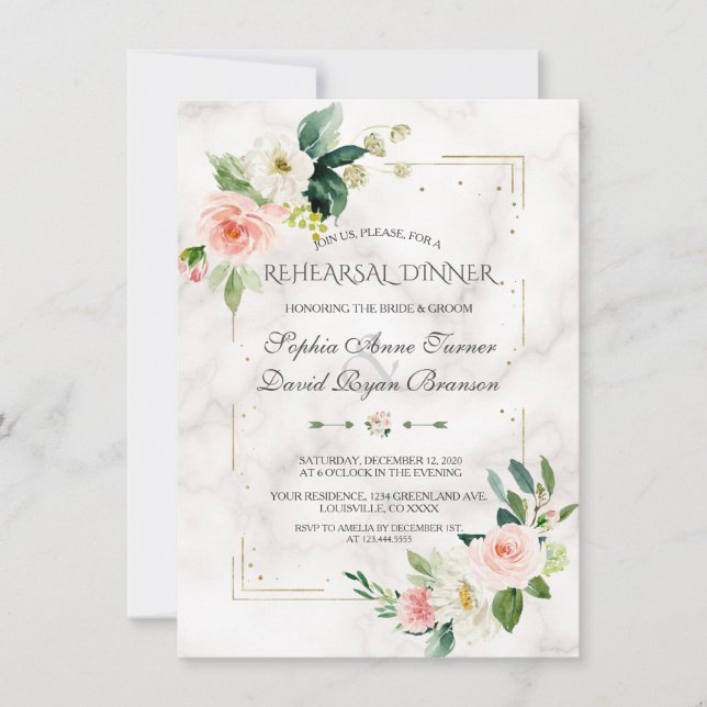 Invitation Parties scintillant d'or Blush Floral Marble Dîner (Devant)