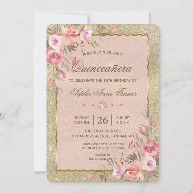 Invitation Parties scintillant d'or Blush Floral Quinceañera  (Devant)