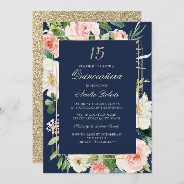 Invitation Parties scintillant d'or Blush Marine Floral Quinc (Devant / Derrière)