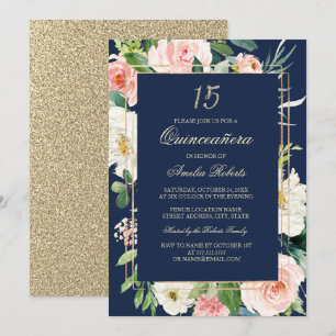 Invitation Parties scintillant d'or Blush Marine Floral Quinc
