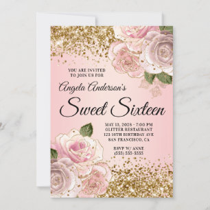 Invitation Parties scintillant d'or Blush rose Floral Sweet s