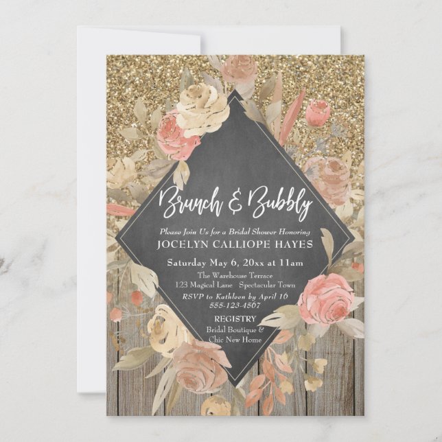 Invitation Parties scintillant d'or Bois Floral Chalkboard Br (Devant)