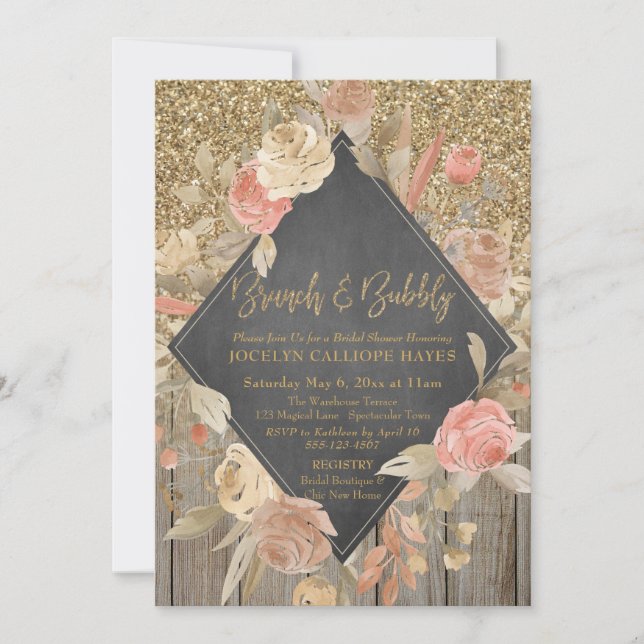 Invitation Parties scintillant d'or Bois Floral Chalkboard Br (Devant)