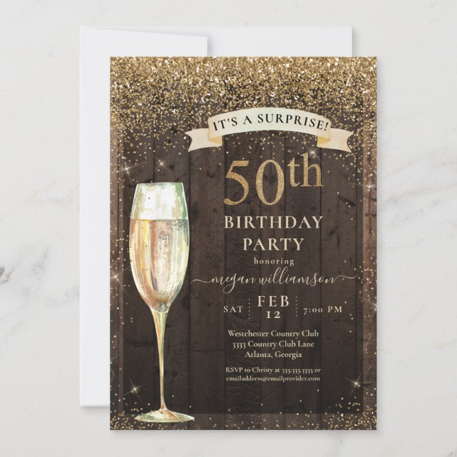 Invitation Parties scintillant d'or Bois rustique Surprise 50 (Devant)