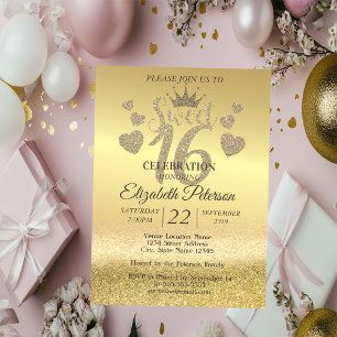 Invitation Parties scintillant d'or Bokeh Ombre, Tiara, Sweet