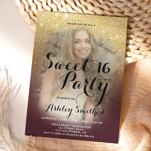 Invitation Parties scintillant d'or bordeaux ombre photo fant