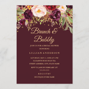Invitation Parties scintillant D'Or Bourgogne Brunch Floral E