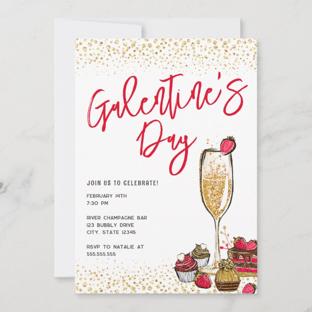 Invitation Parties scintillant d'or Champagne Galentines (Devant)