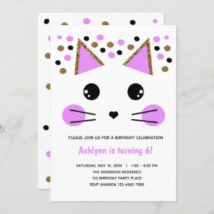 Invitation Parties scintillant d'or Chat noir et violet Anniv
