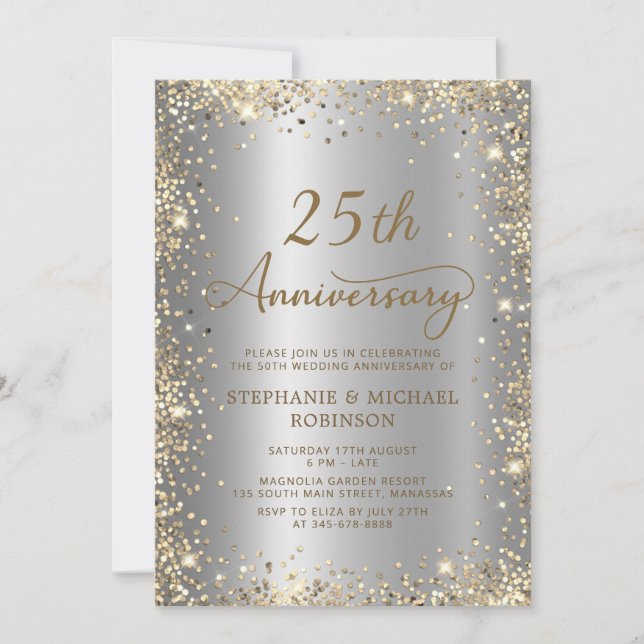 Invitation Parties scintillant d'or chic Silver 25e anniversa (Devant)