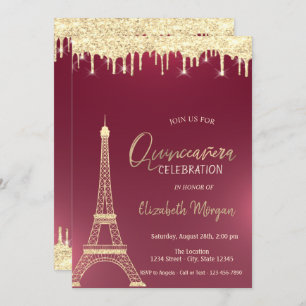 Invitation Parties scintillant d'or chute tour Eiffel Quincea