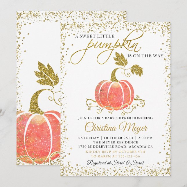 Invitation Parties scintillant d'or Citrouille Baby shower ne (Devant / Derrière)