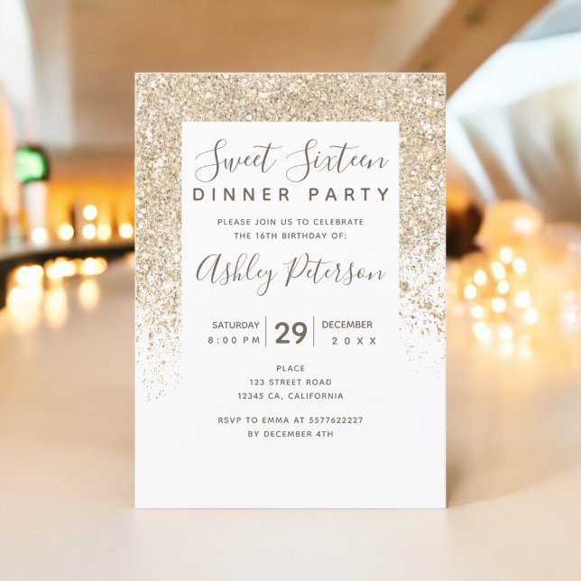 Invitation parties scintillant d'or clair typographie blanc g (light gold glitter typography white girly Sweet 16 Invitation)