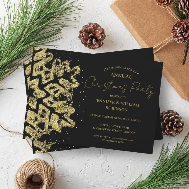Invitation Parties scintillant d'or classique Noël Flambeau d (Classy Gold Glitter Xmas Snowflake Holiday Black Invitation)