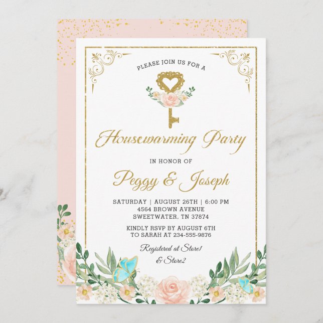 Invitation Parties scintillant d'or Clé Rose Jardin Invitatio (Devant / Derrière)