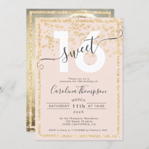 Invitation parties scintillant d'or confetti blush Sweet 16 p