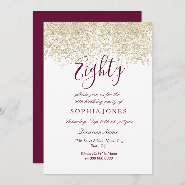Invitation Parties scintillant d'or Confetti Bourgogne fête d (Devant / Derrière)