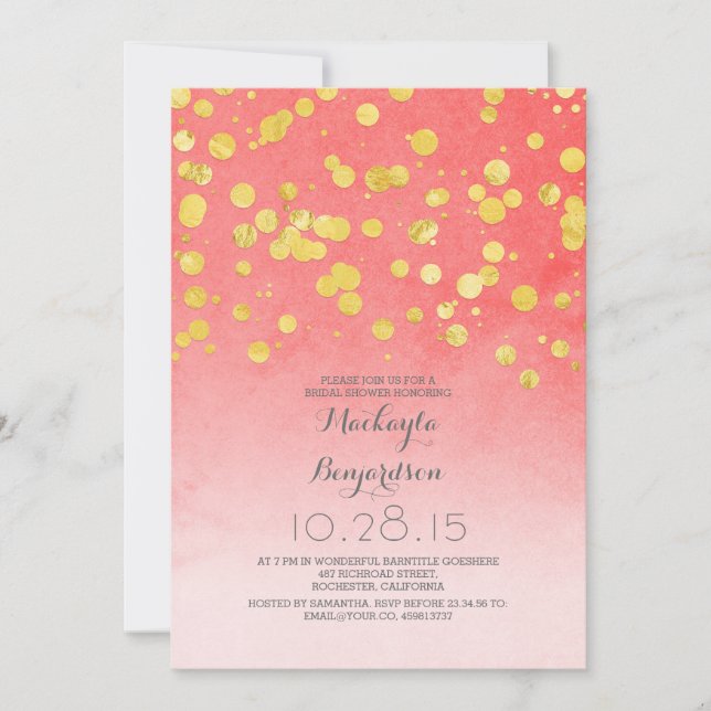 Invitation parties scintillant d'or confetti corail rose nupt (Devant)