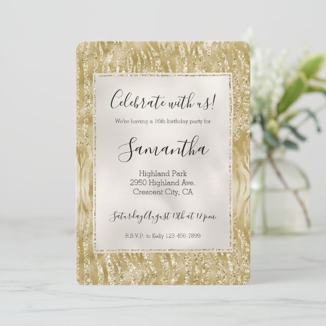 Invitation Parties scintillant d'or Confetti Glitzy Zebra Pri (Debout devant)