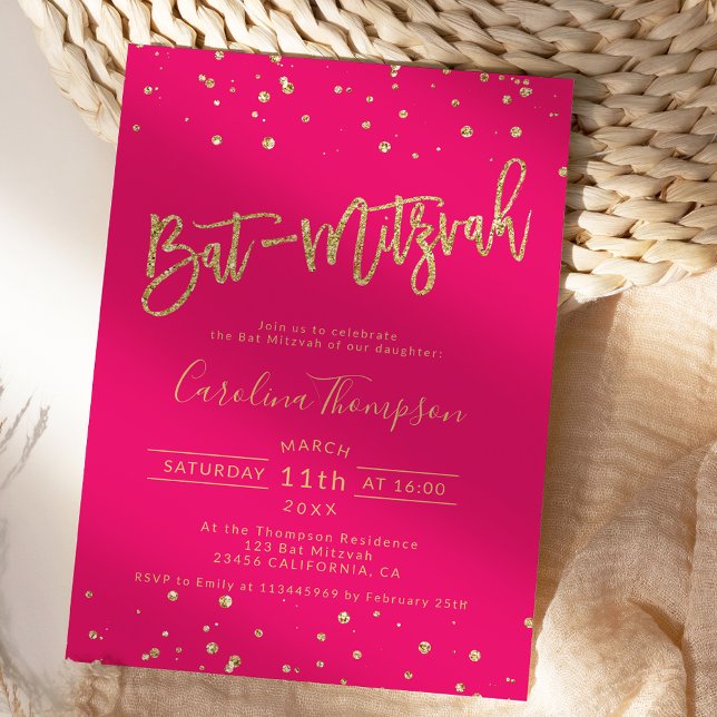 Invitation Parties scintillant d'or confetti neon rose Bat mi (Gold glitter confetti neon pink Bat Mitzvah photo Invitation)