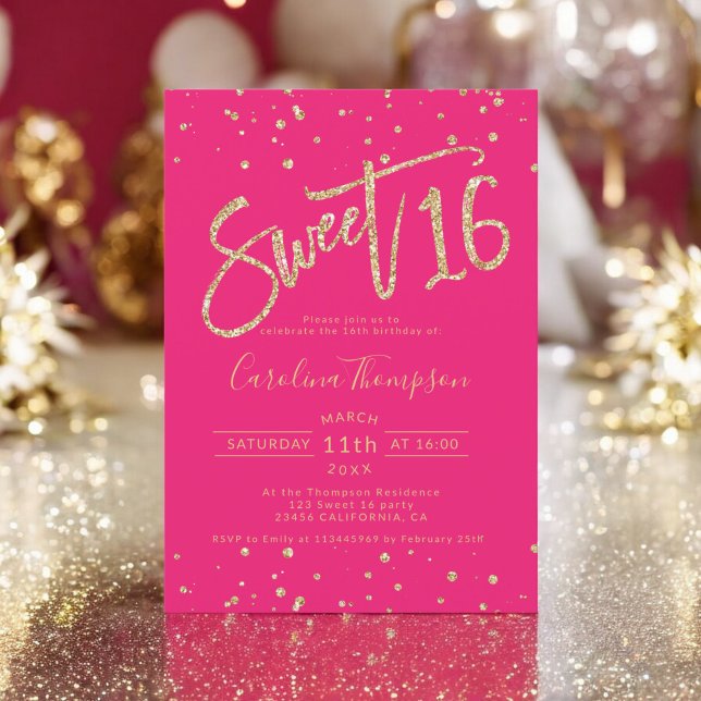 Invitation Parties scintillant d'or confetti néon rose Sweet  (Gold glitter confetti neon pink Sweet 16 photo Invitation)