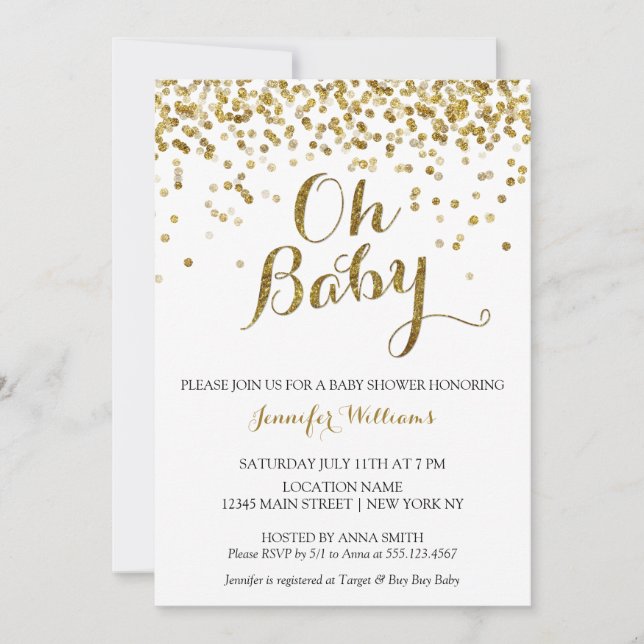 Invitation Parties scintillant d'or Confetti Oh Baby, Invitat (Devant)