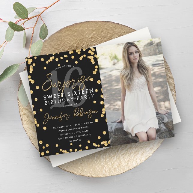 Invitation Parties scintillant d'or Confetti Photo Surprise S (Gold Glitter Confetti Photo Surprise Sweet 16 Invitation)