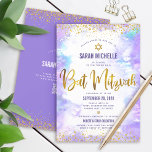 Invitation Parties scintillant d'or couleur or Bat mitzvah de<br><div class="desc">Soyez fier, réjouissez-vous et présentez cette étape importante de votre Bat mitzvah préféré ! Envoyez cette incroyable invitation de code QR personnalisée, moderne et étonnante pour un événement à retenir. Scénario brillant de feuille d'or, points de parties scintillant, Star of David et typographie manuscrite de script superposent un arrière -...</div>