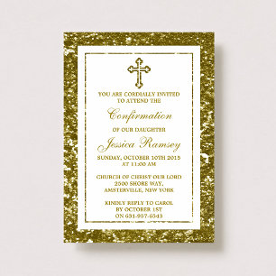 Invitation Parties scintillant D'Or Croix Sainte Communion Ou