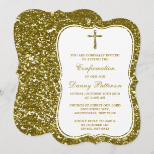 Invitation Parties scintillant D'Or Croix Sainte Communion Ou
