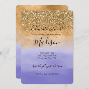 Invitation Parties scintillant d'or d'aquarelle violette