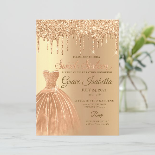 Invitation Parties scintillant d'or de Champagne Sweet sixtee (Debout devant)