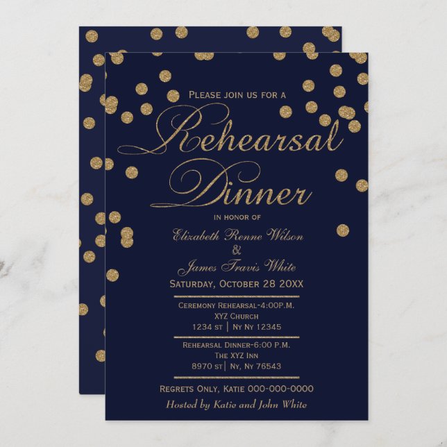 Invitation parties scintillant d'or de la marine dîner invita (Devant / Derrière)