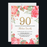 Invitation Parties scintillant d'or de la Red Floral 90th Bir<br><div class="desc">Invitation à l'anniversaire de la Florale Rouge pour les femmes. Aquarelle Fleur botanique florale. Parties scintillant d'or. Pignons Roses Fleurs Florales. Anniversaire adulte.
Pour plus de personnalisation,  cliquez sur le bouton "Customiser" et utilisez notre outil de conception pour modifier ce modèle.</div>