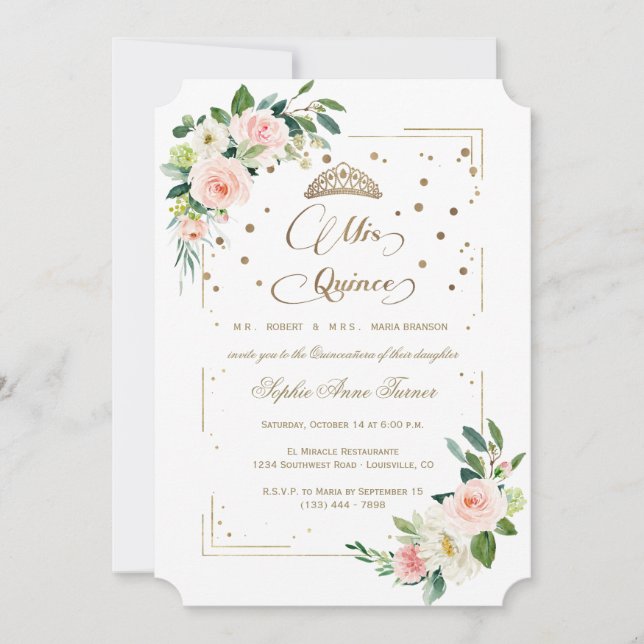 Invitation Parties scintillant d'or de luxe Floral Mis Quince (Devant)