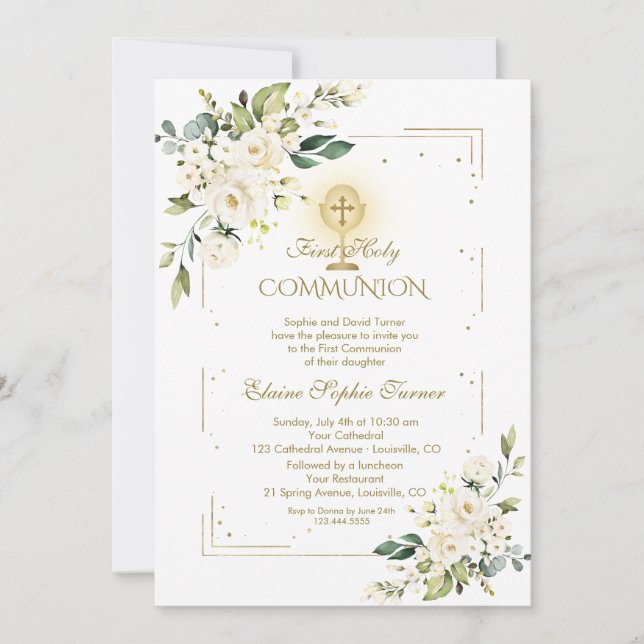 Invitation Parties scintillant d'or de luxe White Floral Holy (Devant)