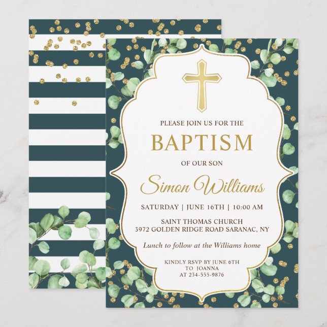 Invitation Parties scintillant d'or de verdure moderne Baptêm (Devant / Derrière)