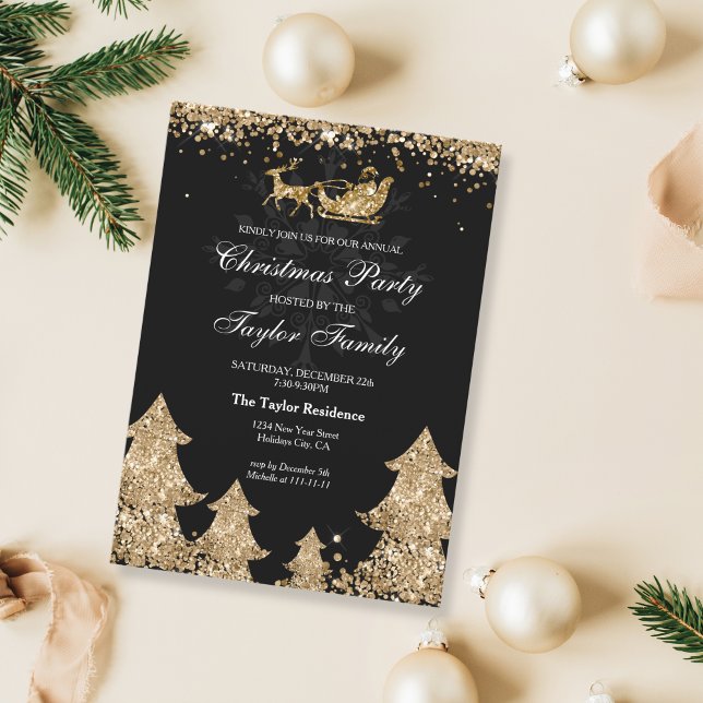 Invitation Parties scintillant d'or d'hiver Christmas Tree Pa (gold glitter christmas trees and santa sleigh)