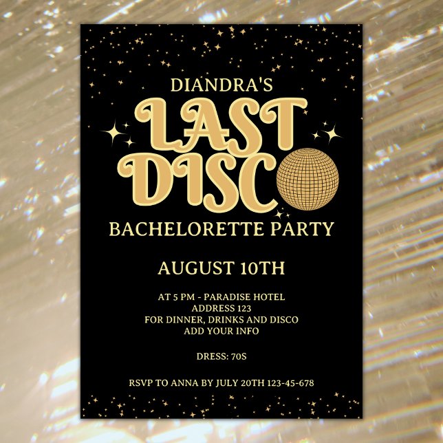 Invitation Parties scintillant d'or Disco Retro dernier les a (Last disco retro golden glitter bachelorette party invitation)