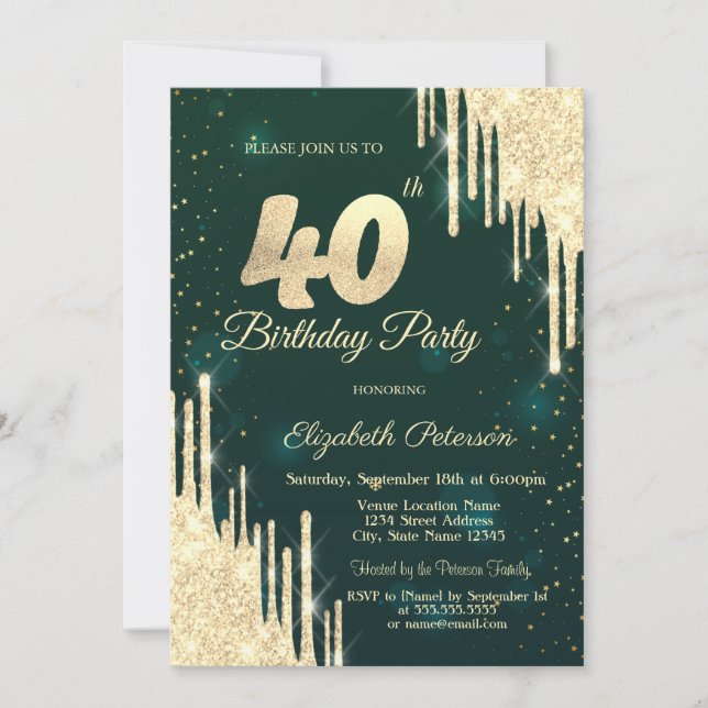 Invitation Parties scintillant d'or Drips Vert 40e anniversai (Devant)