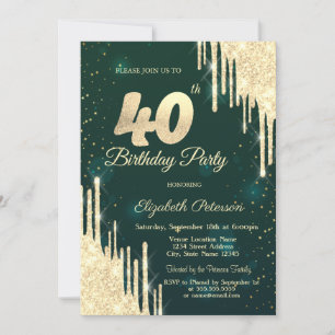 Invitation Parties scintillant d'or Drips Vert 40e anniversai