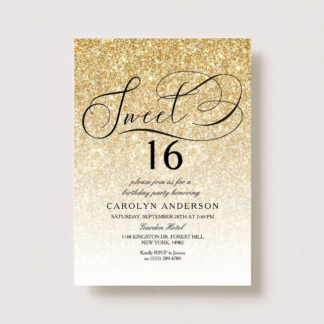 Invitation Parties scintillant d'or élégant Script Sweet 16 A (Créateur téléchargé)