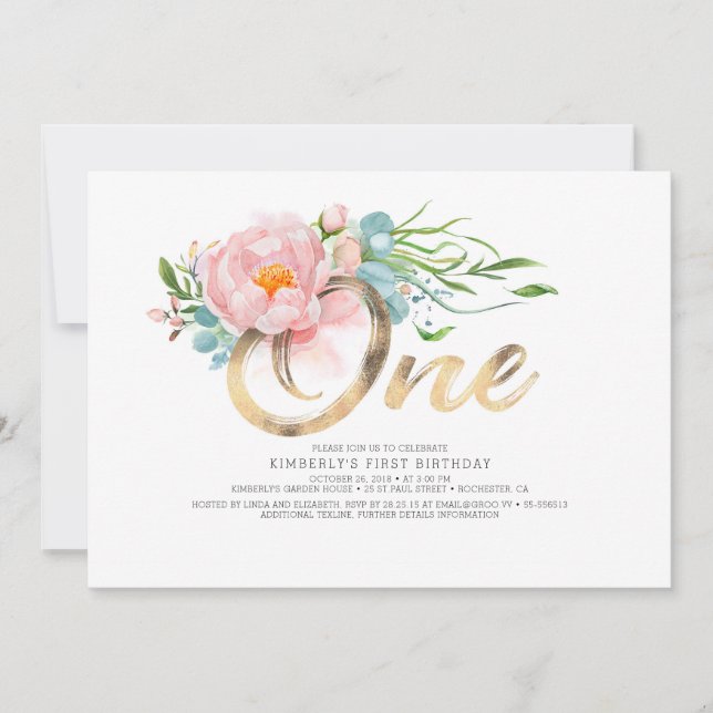 Invitation Parties scintillant d'or et Fleurs roses rousses 1 (Devant)