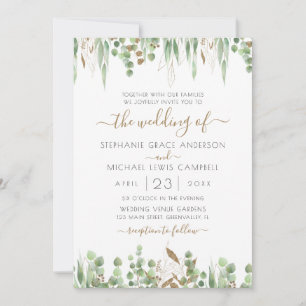 Invitation Parties scintillant d'or Eucalyptus Mariage vert