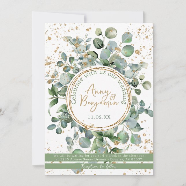 Invitation Parties scintillant d'or Eucalyptus - Vert - Invit (Devant)
